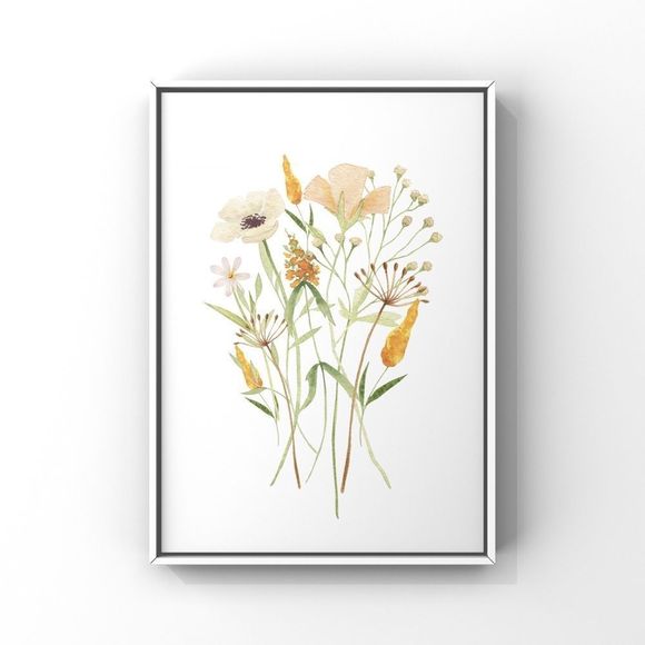 Wildflower Delicate Watercolor Tan Green Bouquet Digital Art Print - Picture 2 of 3